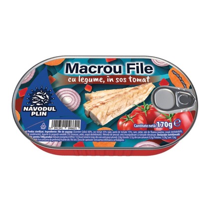 NAVODUL PLIN FILE MACROU CU LEGUME IN SOS TOMAT 170gr 15/BAX